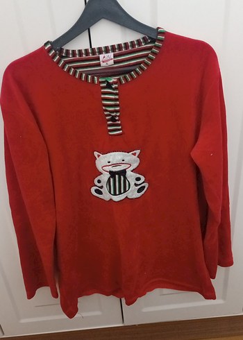 Renkli Baskılı Örgü Kedi Desenli Kırmızı Sweatshirt - Görsel 4