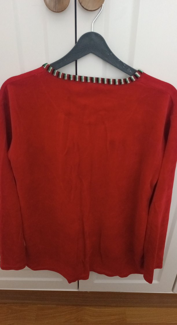 Renkli Baskılı Örgü Kedi Desenli Kırmızı Sweatshirt - Görsel 2