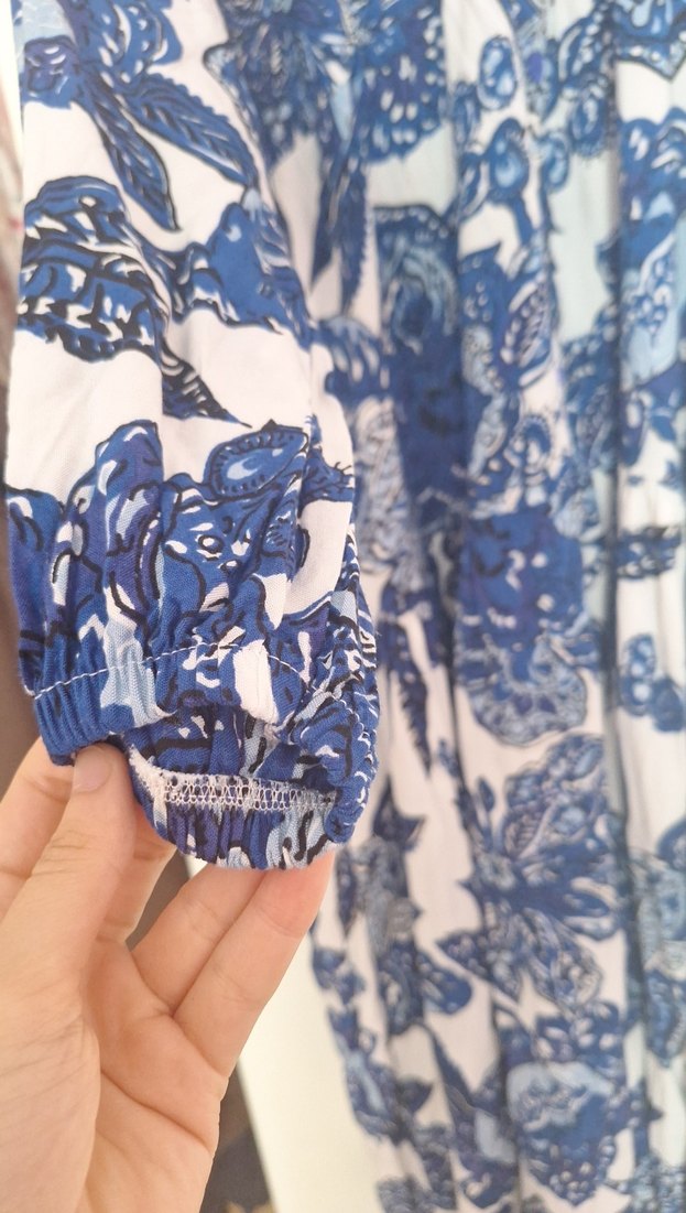 Mavi Beyaz Bohem Uzun Kollu Elbise - Görsel 4