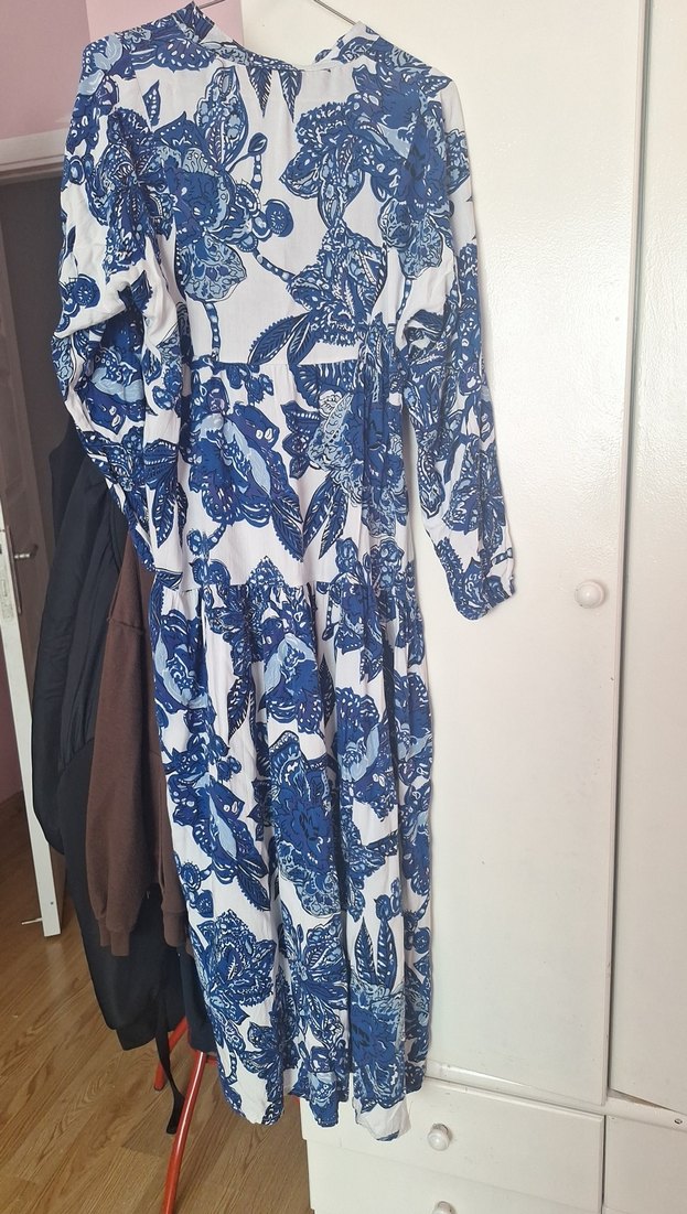 Mavi Beyaz Bohem Uzun Kollu Elbise - Görsel 5