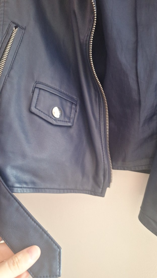 Mavi Parlak Deri Biker Ceket - Görsel 3