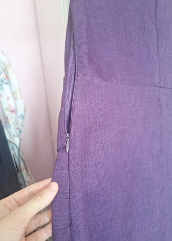 Mor Midi Kolsuz V Yaka Kadın Elbise - Görsel 5