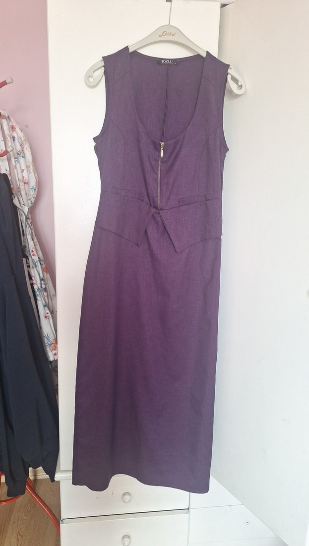 Mor Midi Kolsuz V Yaka Kadın Elbise - Görsel 2