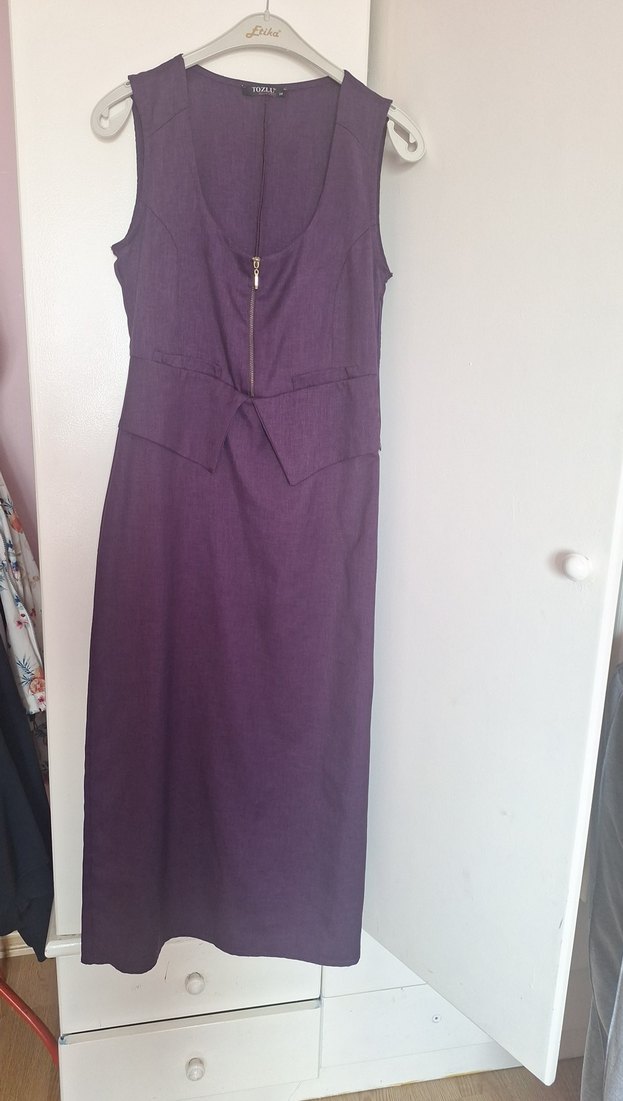 Mor Midi Kolsuz V Yaka Kadın Elbise - Görsel 3