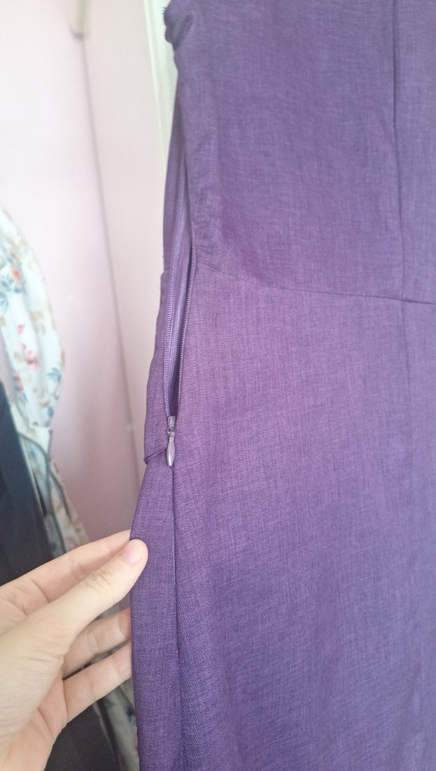 Mor Midi Kolsuz V Yaka Kadın Elbise - Görsel 5