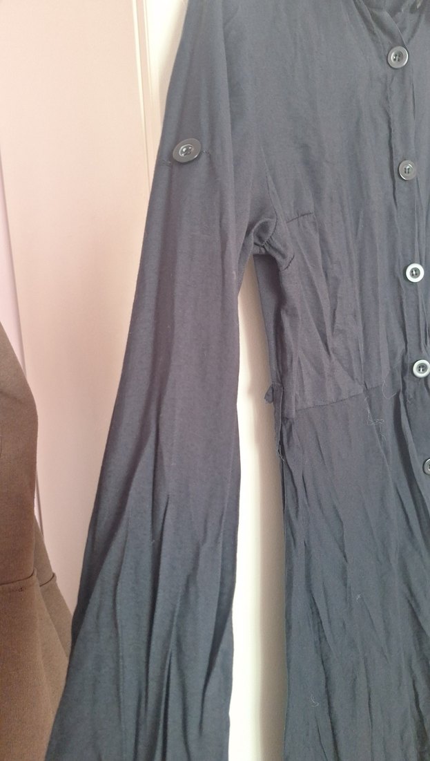 Düğmeli Siyah Keten Uzun Kadın Elbise - Görsel 2