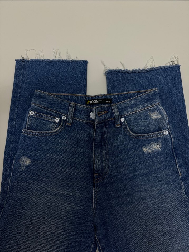 Düğmeli Parlak Mavi Midi Denim Kadın Jean - Görsel 2