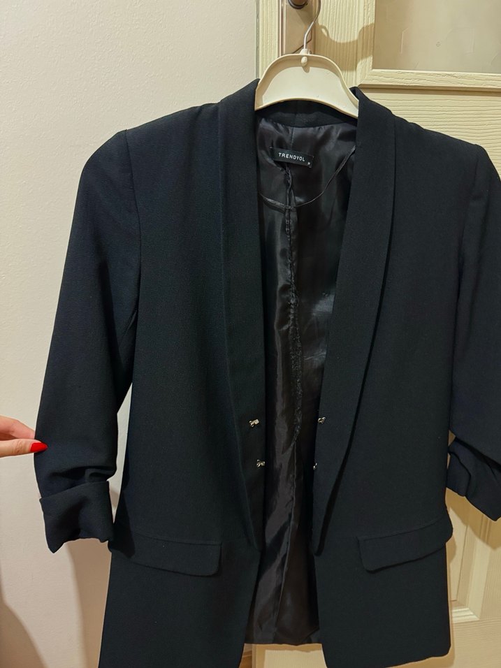 Siyah Düğmeli Kadın Midi Blazer Ceket - Görsel 3