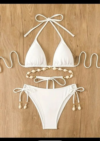 Boncuk Detaylı Beyaz Bohem Bikini