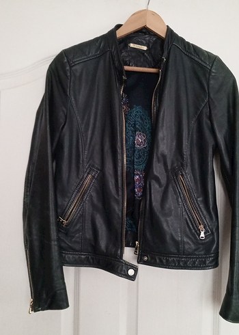m Beden Siyah Deri Biker Ceket Tokalı