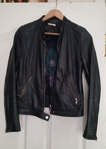 Derimod Siyah Deri Biker Ceket Tokalı