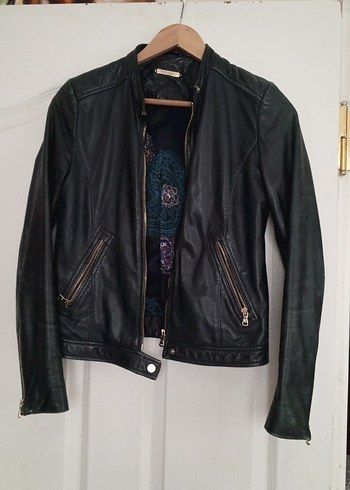 Siyah Deri Biker Ceket Tokalı