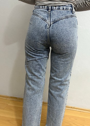 Gri Mavi Bağlama Desenli Bol Kesim Kadın Kot - Görsel 2