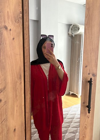 Kadın Kırmızı Uzun V Yaka Salaş Kimono takım - Görsel 7