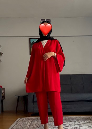 Kadın Kırmızı Uzun V Yaka Salaş Kimono takım - Görsel 5
