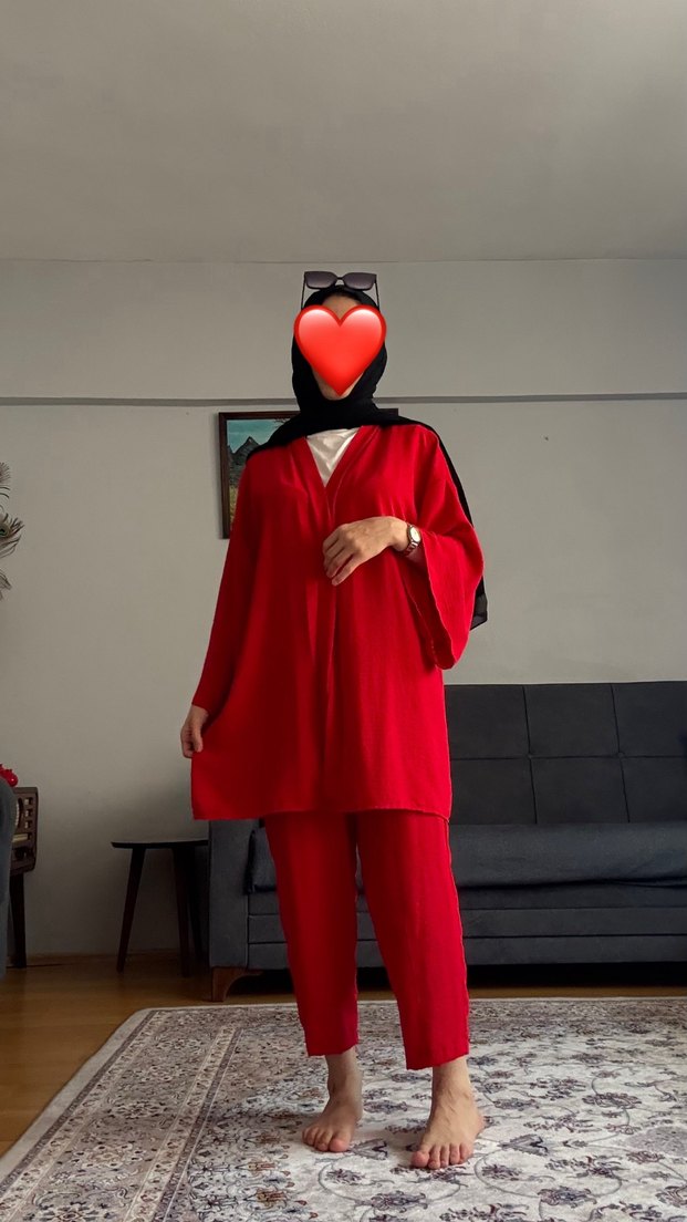 Kadın Kırmızı Uzun V Yaka Salaş Kimono takım - Görsel 5