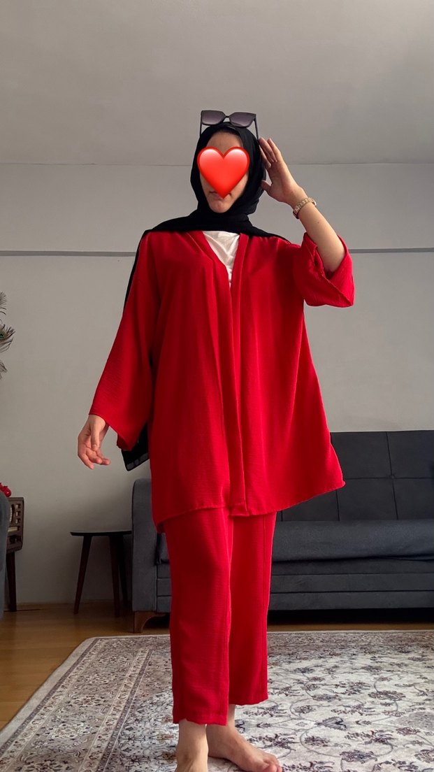 Kadın Kırmızı Uzun V Yaka Salaş Kimono takım - Görsel 3