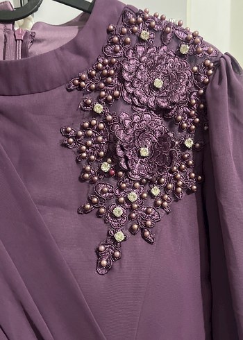 Mor Uzun Kollu İşlemeli Abiye Elbise - Görsel 5