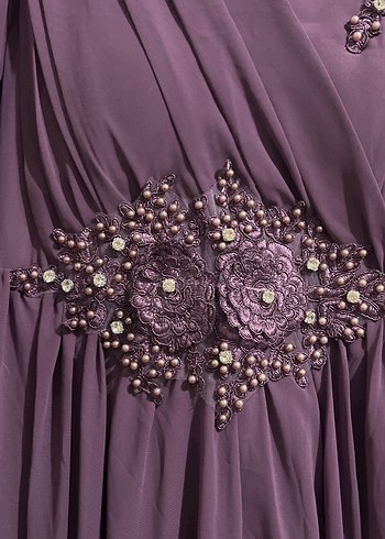 Mor Uzun Kollu İşlemeli Abiye Elbise - Görsel 3