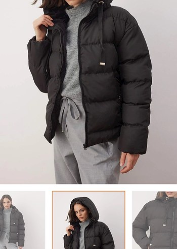 Siyah Kapüşonlu Kadın Kısa Mont - Görsel 3