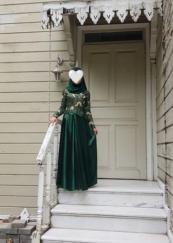 Uzun Yeşil Nakışlı Drapeli Abiye - Görsel 2