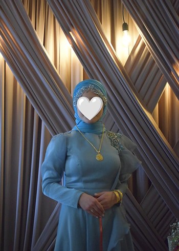 Uzun Yeşil Nakışlı Drapeli Abiye - Görsel 5