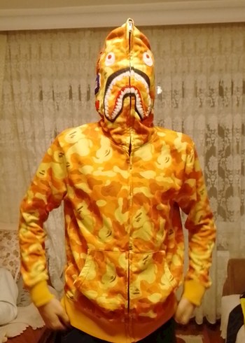 Sarı Kamuflaj Kapüşonlu Fermuarlı Erkek Sweatshirt