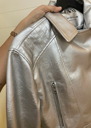 s Beden gri Renk Gümüş Suni Deri Krop Biker Ceket Zara