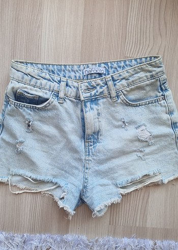 Defacto Düğmeli Pastel Mavi Bağlama Desenli Denim Şort