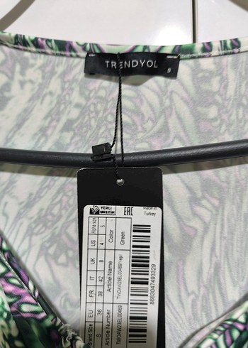 Uzun Kollu Mor Yeşil Desenli Kadın Elbise - Görsel 4