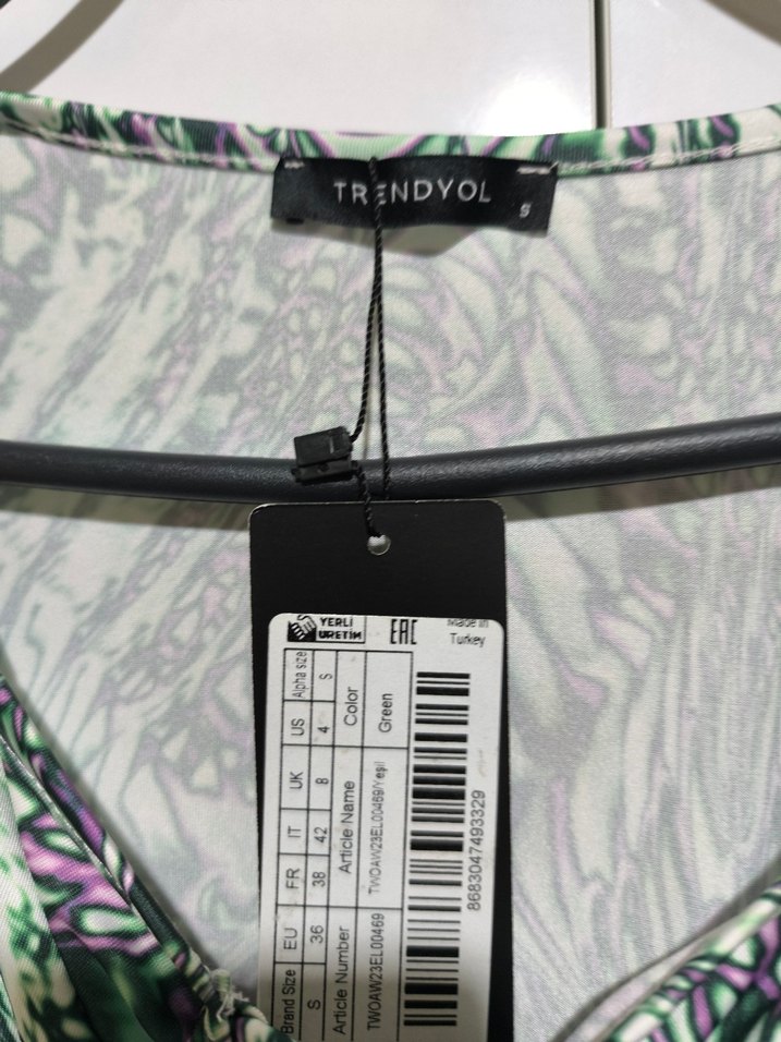 Uzun Kollu Mor Yeşil Desenli Kadın Elbise - Görsel 4