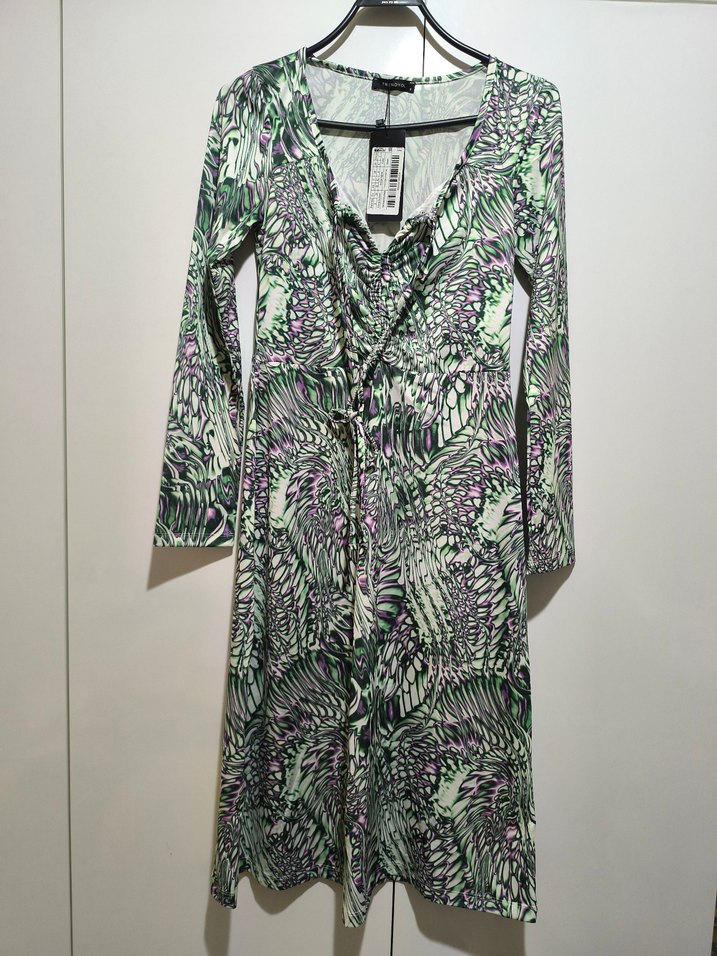 Uzun Kollu Mor Yeşil Desenli Kadın Elbise - Görsel 2