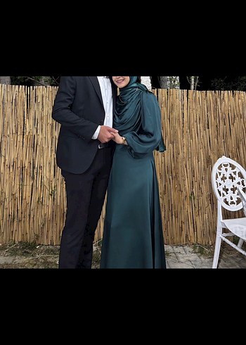 Drapeli Uzun Kol Detaylı zümrüt Abiye Elbise