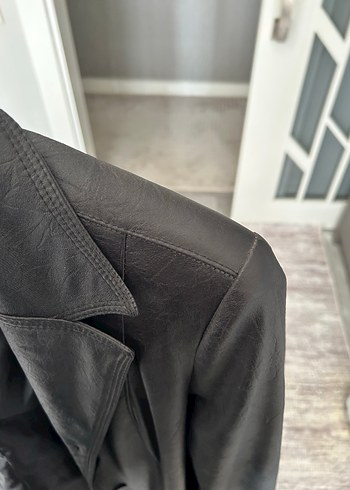 Gri Deri Uzun Kadın Ceket - Görsel 6