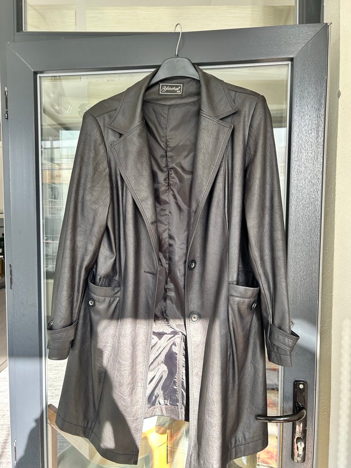 Gri Deri Uzun Kadın Ceket - Görsel 2
