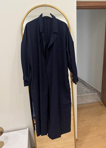 Çizgili Lacivert Kadın Uzun trençkot - Görsel 2