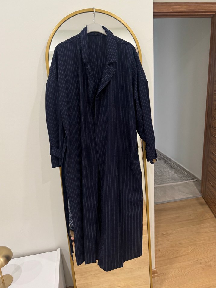 Çizgili Lacivert Kadın Uzun trençkot - Görsel 2