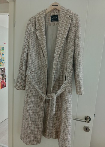 Bej Uzun Kadın Kemerli Ofis Kabanı - Görsel 3