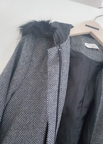 Gri Uzun Yün Kadın Kaban Kürklü Kapüşonlu - Görsel 3