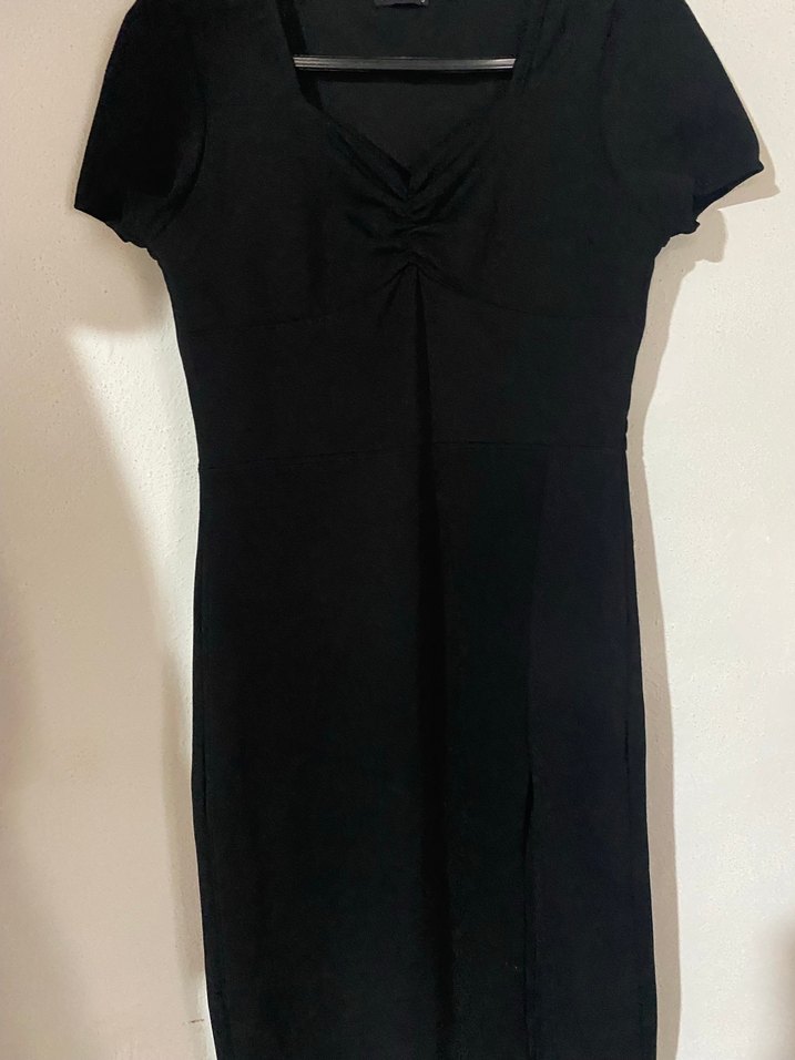 Siyah V Yaka Midi elbise - Görsel 2