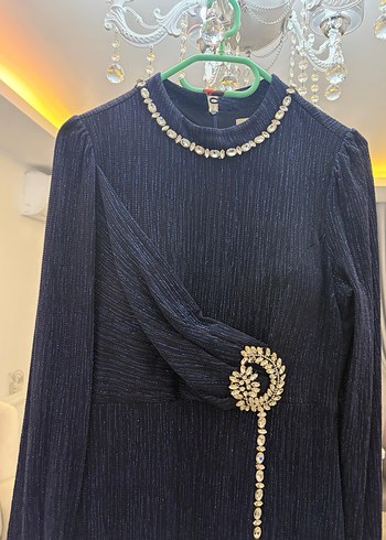 Simli Taşlı Kemer Detaylı Lacivert Uzun Abiye Elbise - Görsel 5