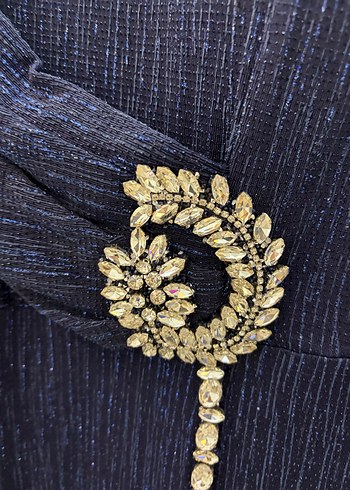 Simli Taşlı Kemer Detaylı Lacivert Uzun Abiye Elbise - Görsel 3