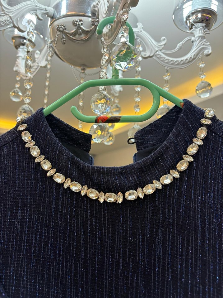 Simli Taşlı Kemer Detaylı Lacivert Uzun Abiye Elbise - Görsel 2