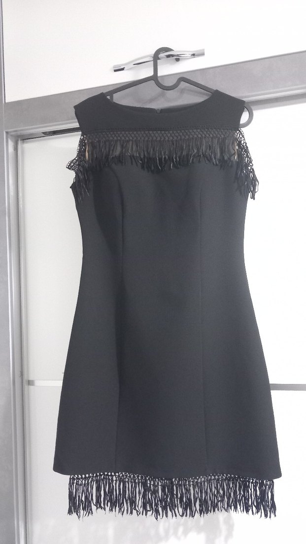 Siyah Straplez Püsküllü Midi Elbise - Görsel 2