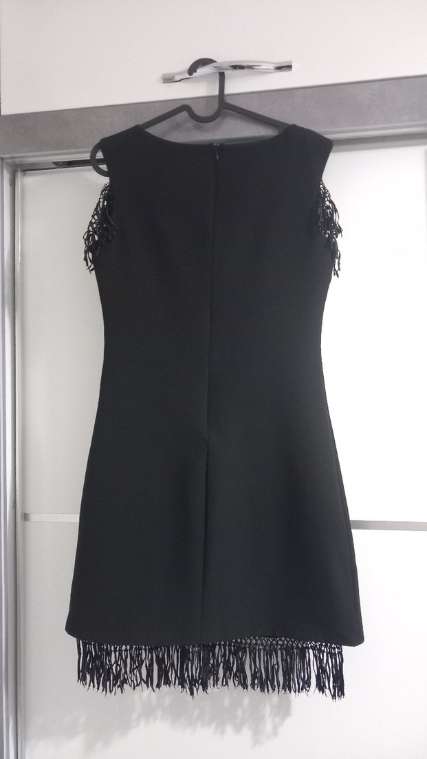 Siyah Straplez Püsküllü Midi Elbise - Görsel 3