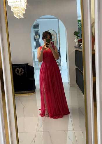 Kadın pembe Uzun Drapeli Abiye Elbise