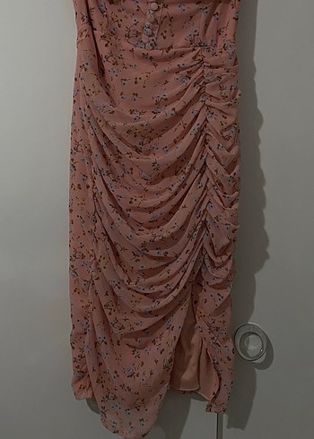 Pembe V Yaka Drapeli Uzun Elbise - Görsel 4