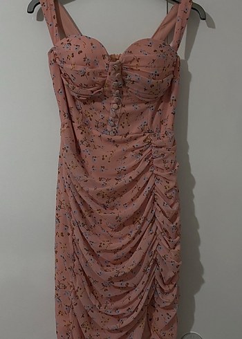 Pembe V Yaka Drapeli Uzun Elbise - Görsel 3