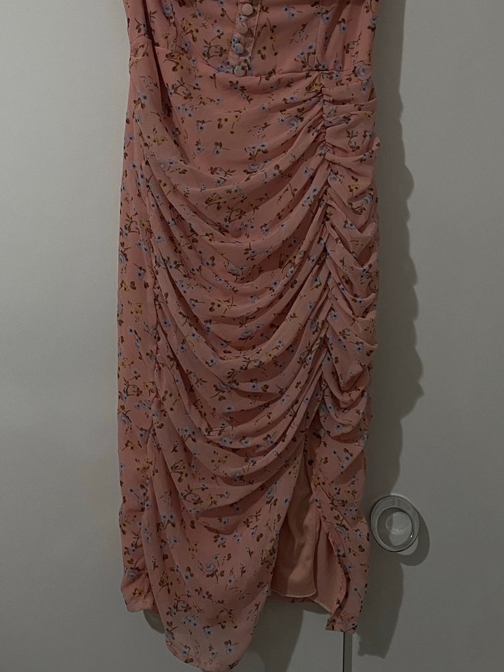 Pembe V Yaka Drapeli Uzun Elbise - Görsel 4