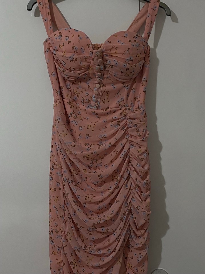 Pembe V Yaka Drapeli Uzun Elbise - Görsel 3